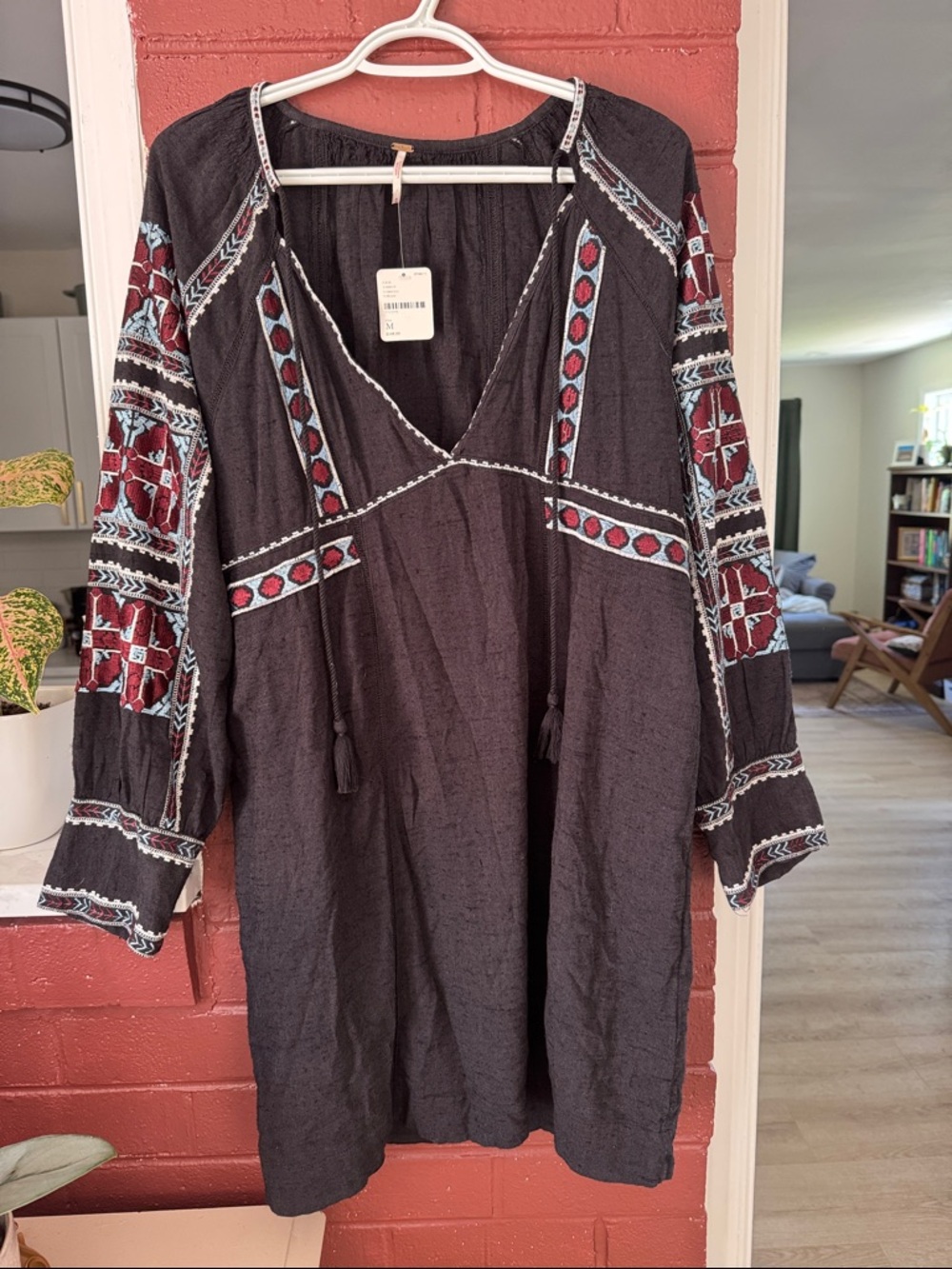 Free People All My Life Embroidered Black Long-Sleeve Peasant Mini Dress NWT